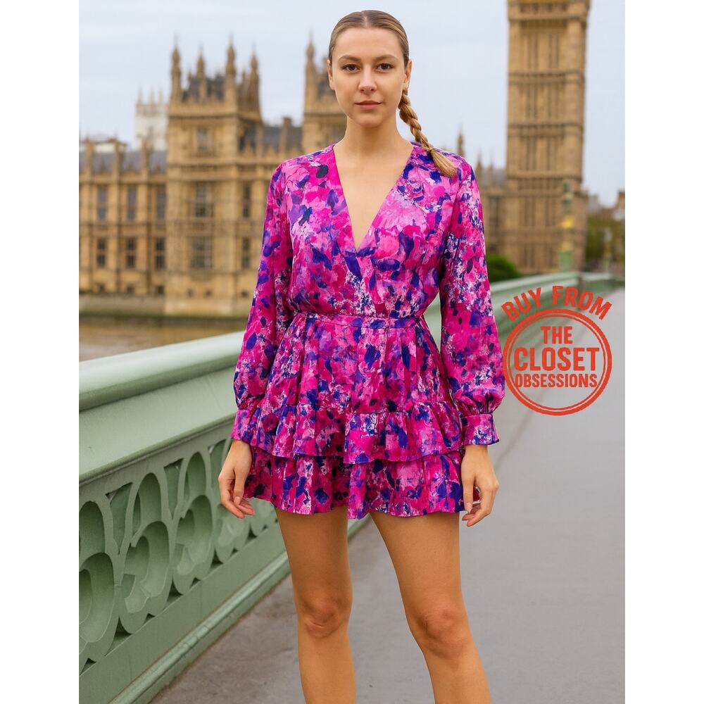 ZARA Pink Floral V Neck Mini Dress NWT Flounce Hem Resort Vacation Dress M - Picture 4 of 16